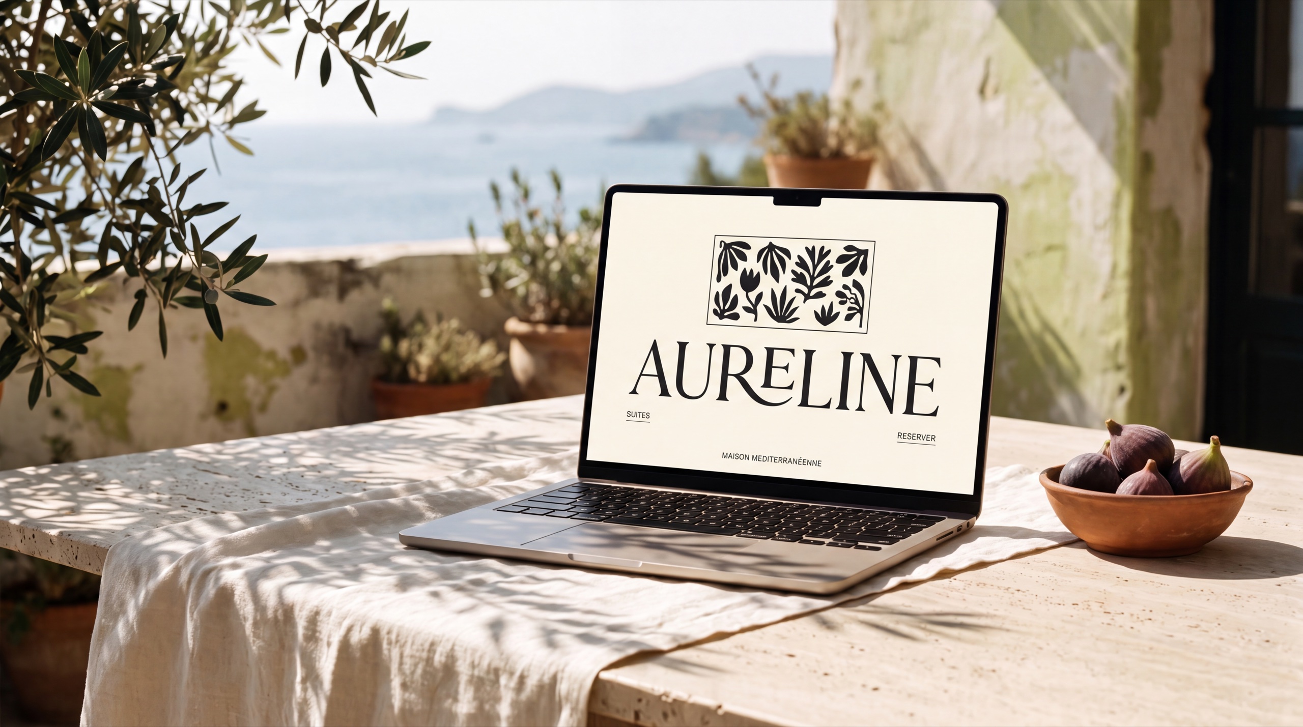 Aureline — the hotel's website on a laptop on a Mediterranean terrace