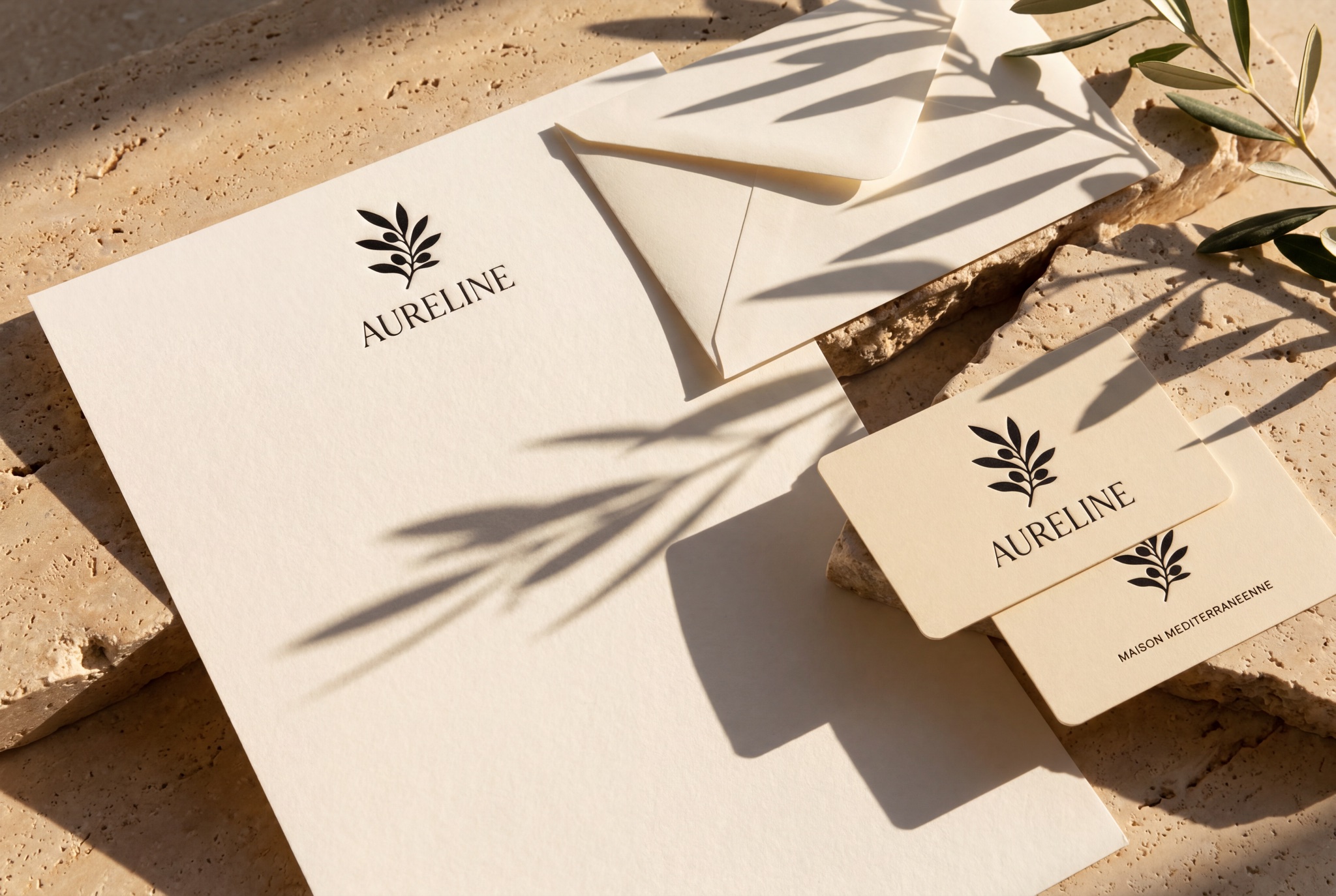 Aureline stationery suite on travertine in afternoon sun