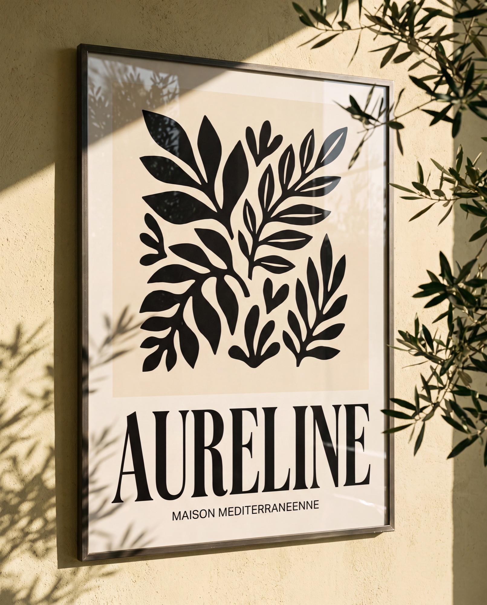 Framed Aureline botanical poster on a sunlit plaster wall