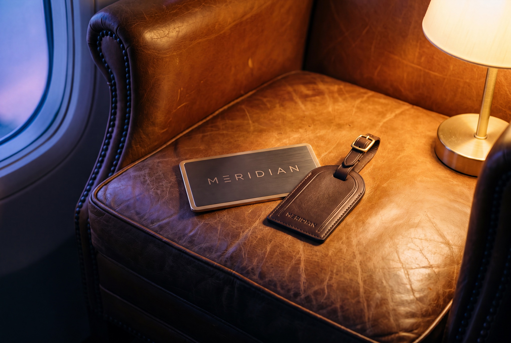 Meridian titanium membership card and leather luggage tag on a cabin seat
