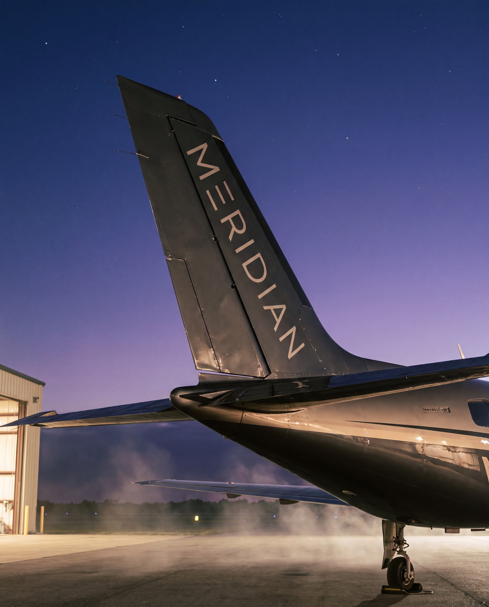 Meridian livery on the tail fin of a jet at dusk