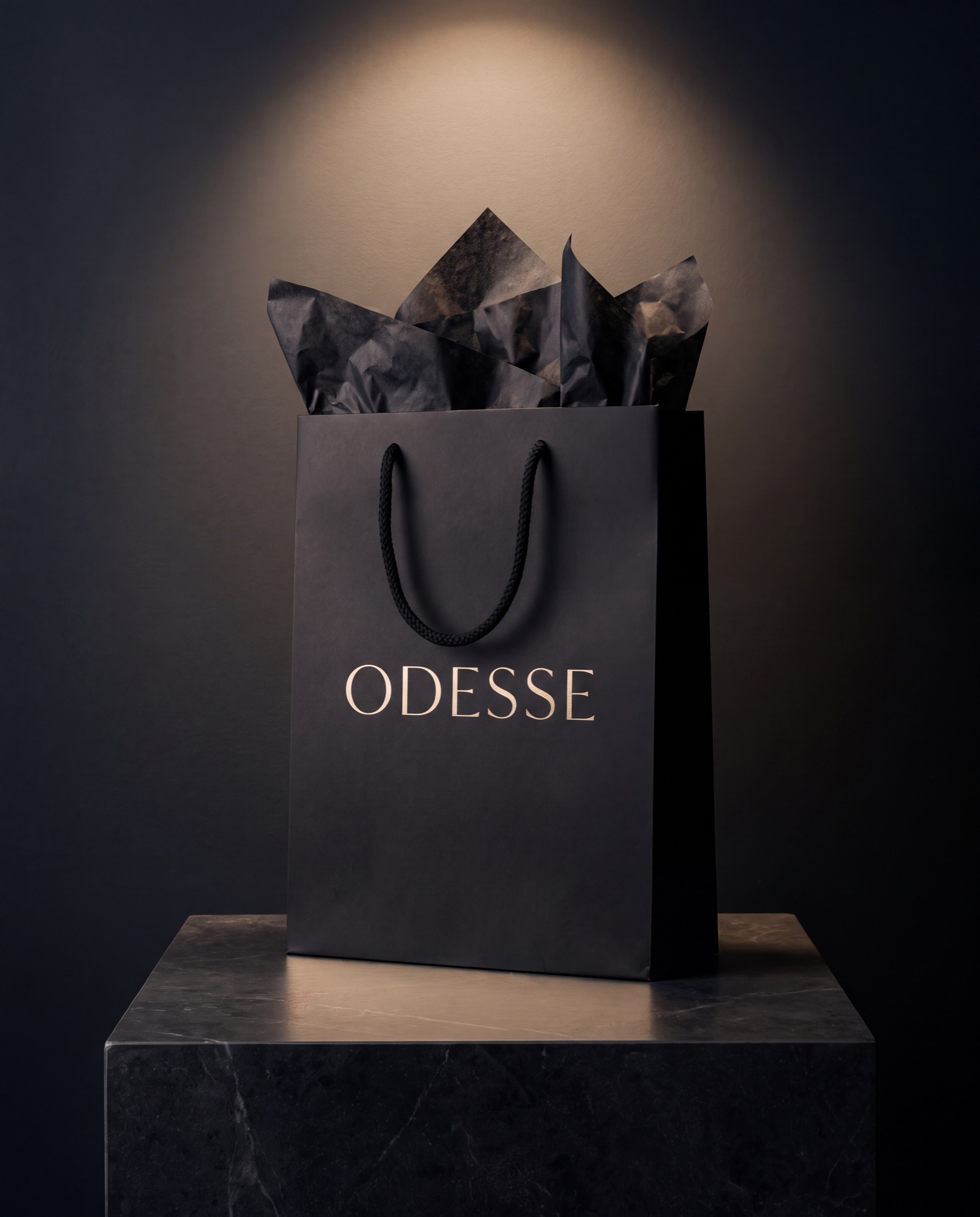 Odesse carrier bag under a warm spotlight